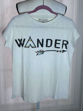 MONTANA CO. NWT Cap Sleeve Crew Neck White w/Black "WANDER" Tee L